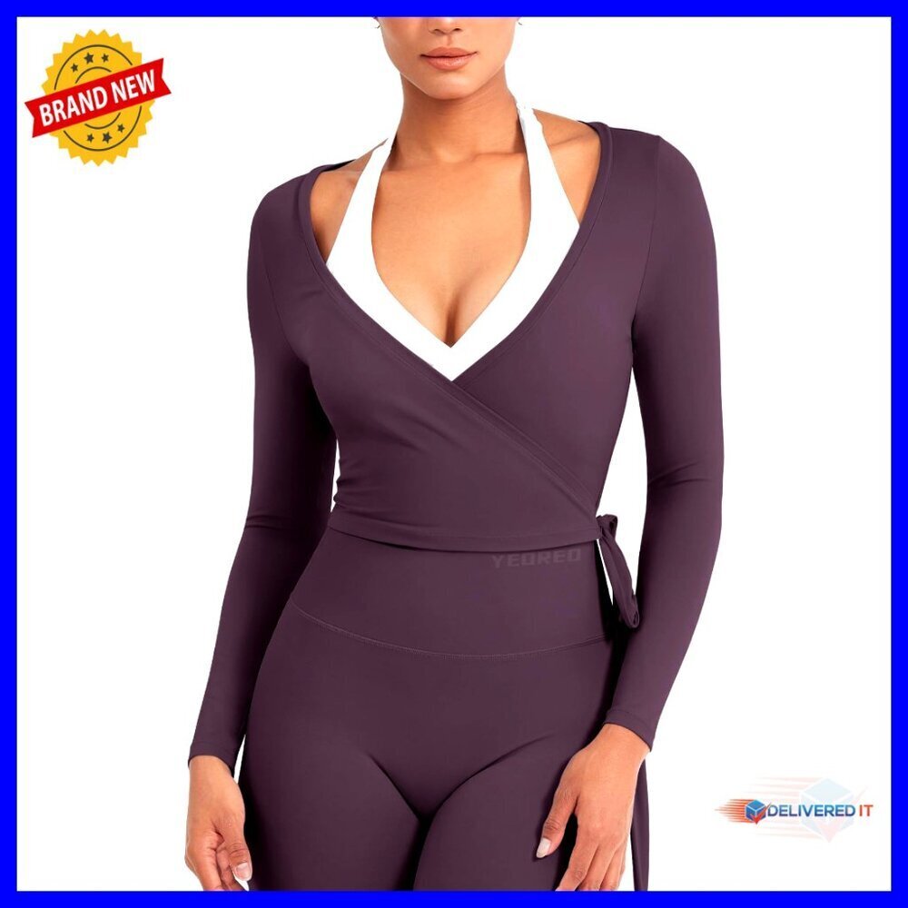 Long Sleeve Wrap Crop Top for Yoga Pilates Workouts Stretchy Fabric